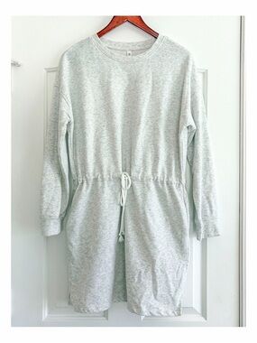 WishList Gray Sweatshirt Dress S/M Drawstring Waist Pockets Cotton Mini